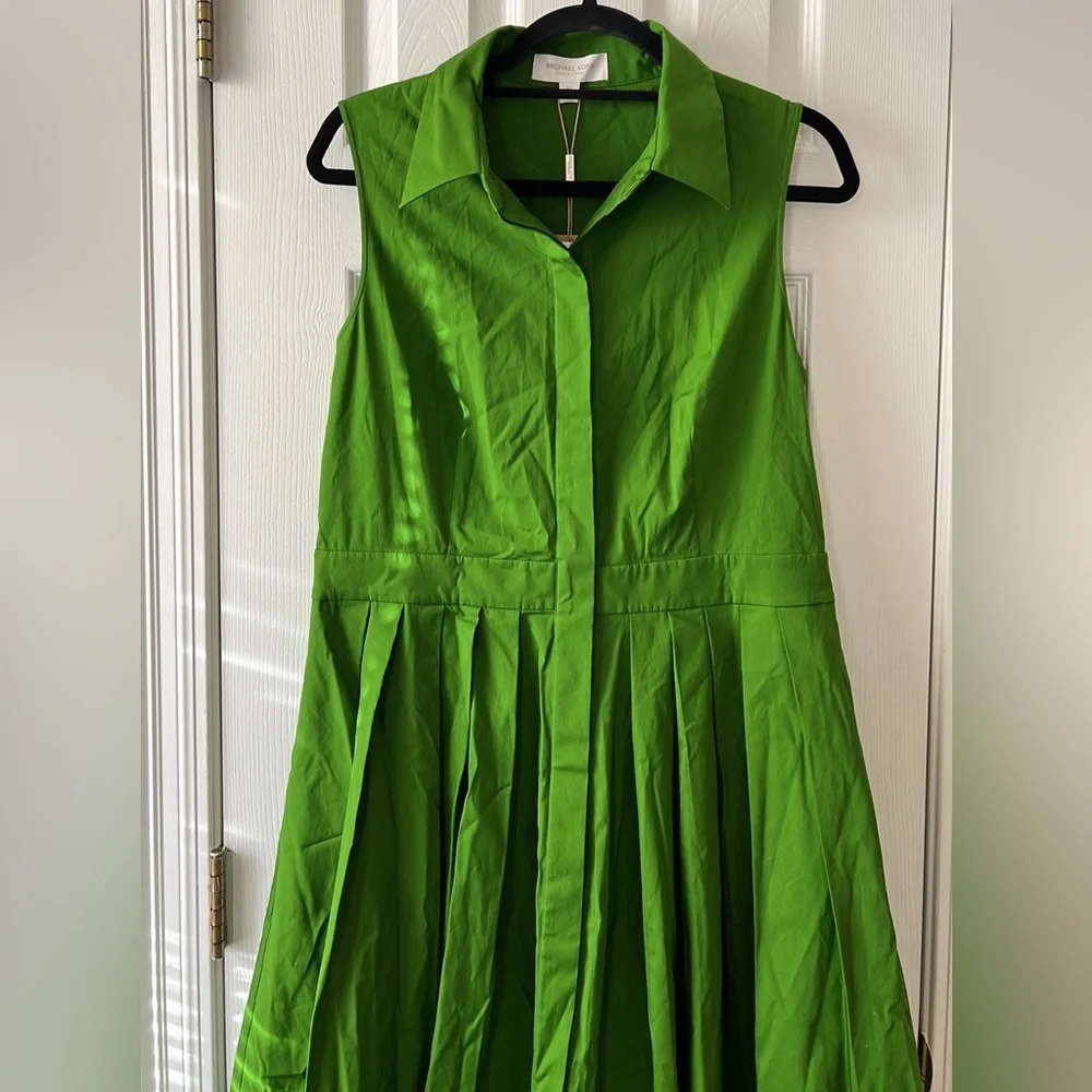Michael Kors Collection Green Sleeveless Pleated Poplin Midi Shirt Dress 12 - Picture 8 of 14